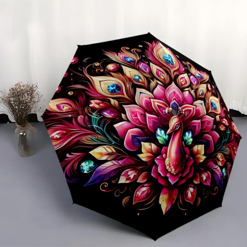 Windproof Portable Automatic Folding Umbrella with Peacock Feather & Gemstone Embroidery, 8-Rib, Plastic Handle