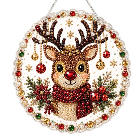Holiday Celebration Party Supplies Christmas DIY Faux Diamond Painting Hanging, Santa Wreath Acrylic Pendant, Pearl Hanging Ornaments Beads Craft Kit