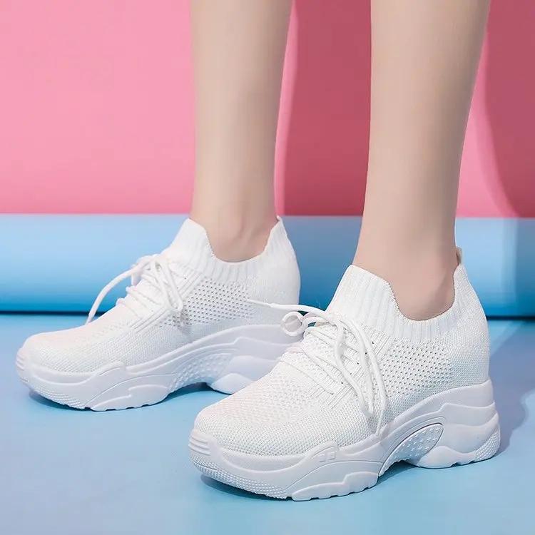 Outono Plataforma Alta Salto Alto Feminino Sapatos de Sola Grossa Salto Cunha Tênis Respirável Malha Sapatos Casuais Femininos Sapatos Plataforma
