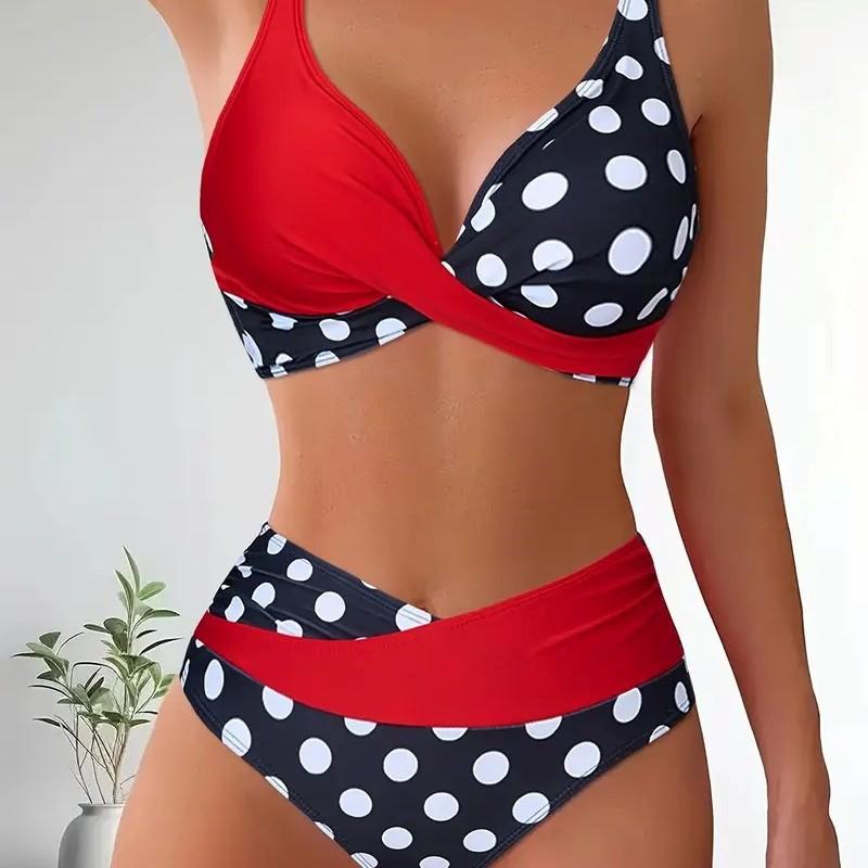 European And American New Printing Color Matching Polka Dot Cross Backless Sexy Split Swimsuit Bikini Women