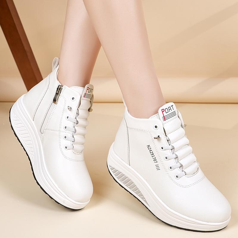 

Женские черные кроссовки с увеличением высоты, белые кожаные ботинки на платформе, повседневные высокие кроссовки на толстой подошве, обувь для студентов EU:40 белый