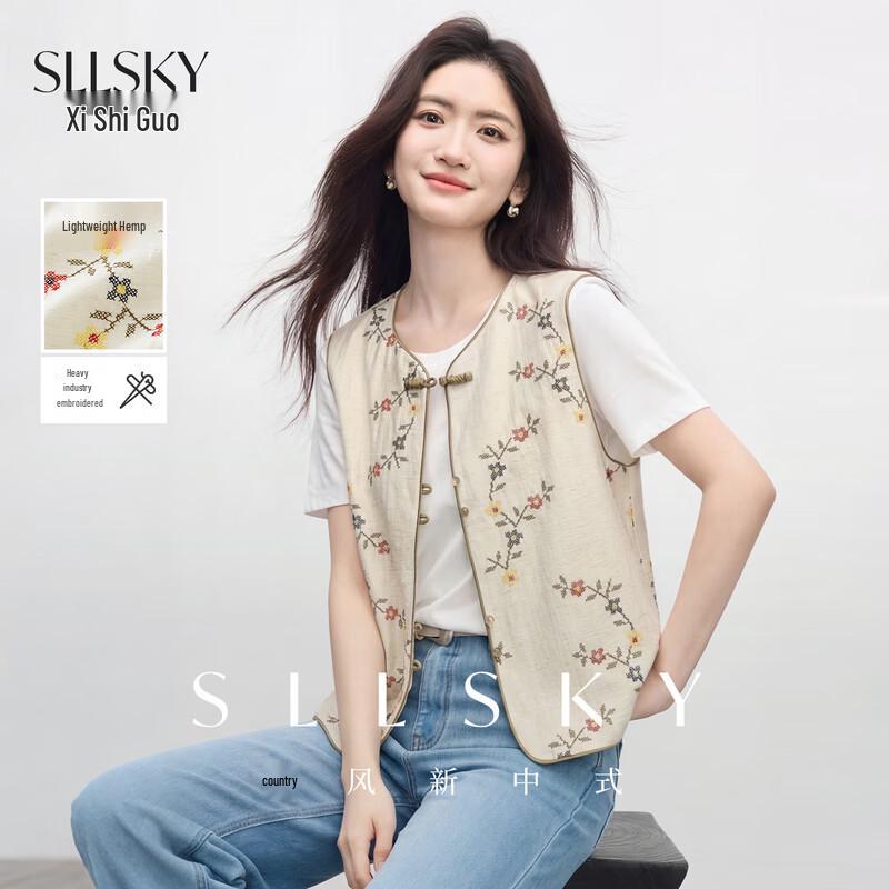 SLLSKY Новый китайский стиль вышитый льняной жилет XL