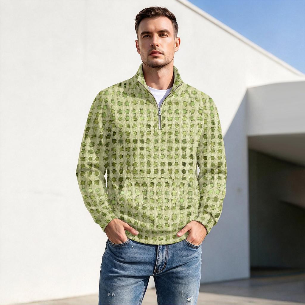 Men's Fall Winter Polka Dot Print Zip Pullover with Stand Collar, Casual Wrinkle- Athletic Top
