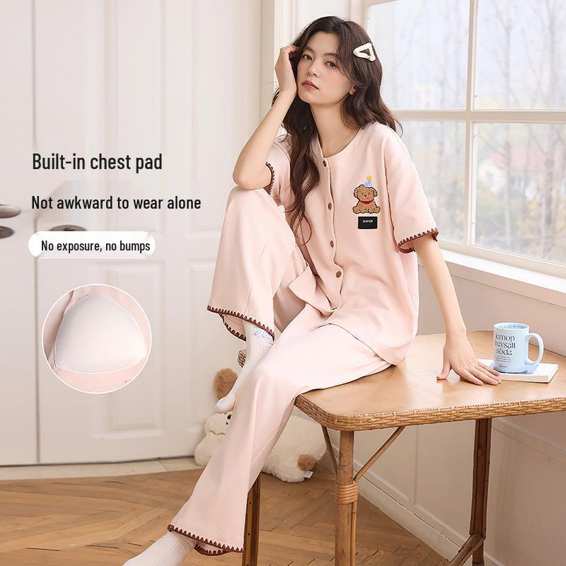 Women s Sweet Japanese Style Plaid Pajama Set - Short Sleeve Cotton Cardigan with Chest Pads Extra Large (XL)