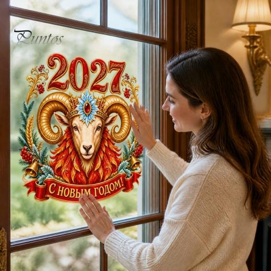 PVC Decorative Film 2027 Year Sheep Window Decal, Russian Happy New Static Sticker, Zodiac Flexible Shape Wall Decals Goat Glass Door Decor, Reusable
