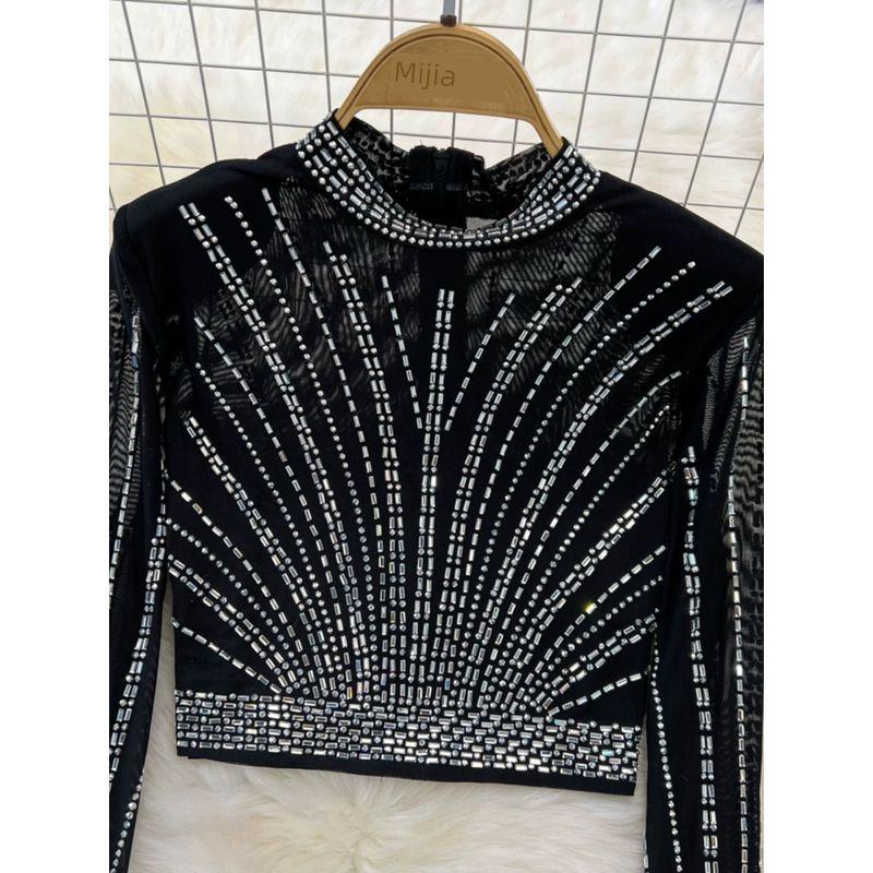 Diamond Stand-Collar Gauze Fishtail Skirt Fashion Suit