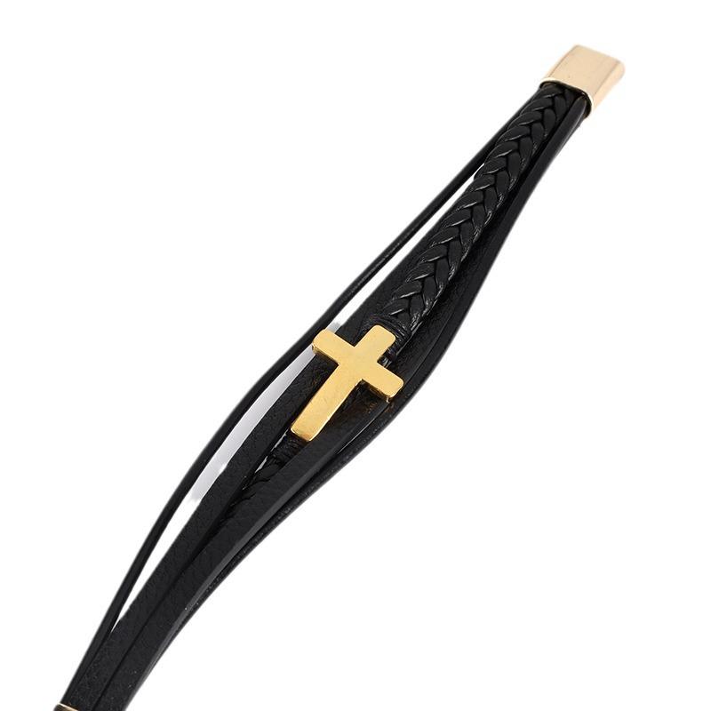 Temu Leather Cross-Style Multi-Layer Woven Bracelet with Alloy Laser Design