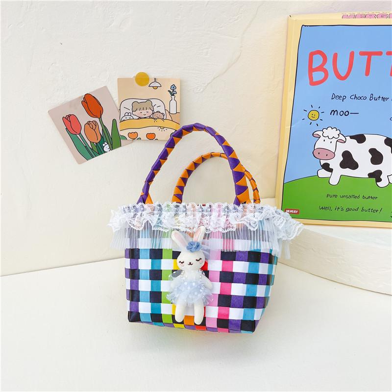 Fashionable Woven Handbag For Children Featuring Playful Rabbit Print Ideal For Summer Black