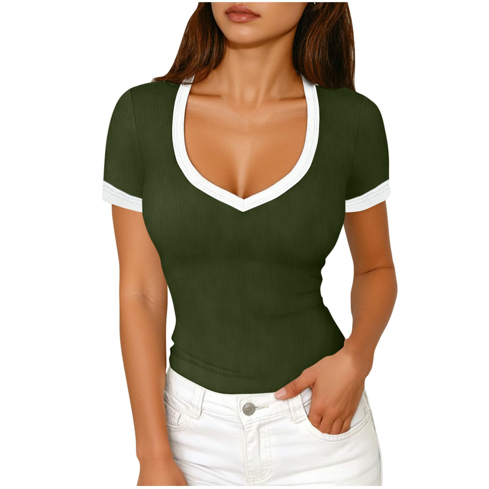

Women s Fashionable Ribbed -Color Versatile Short-Sleeve Top L армия зеленый