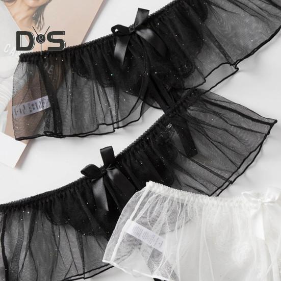 Women Thong Mesh Lace Bow Decor Spaghetti Strap Open Crotch Solid Color Low Waist Seductive Elastic Hot Lady G String Panties Underwear