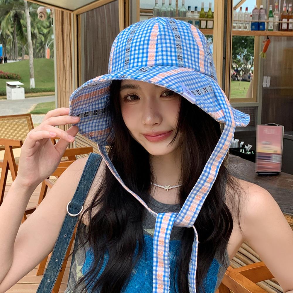 UV Protection Seaside Fisherman Hat Big Brim Plaid Bucket Cap Fashion Strappy Sun Hat  Hiking