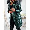European & American Mid-Length Shiny PU Fur Collar Slim Fit Cotton Jacket 2024 - Fashionable, Warm Coat for Women.