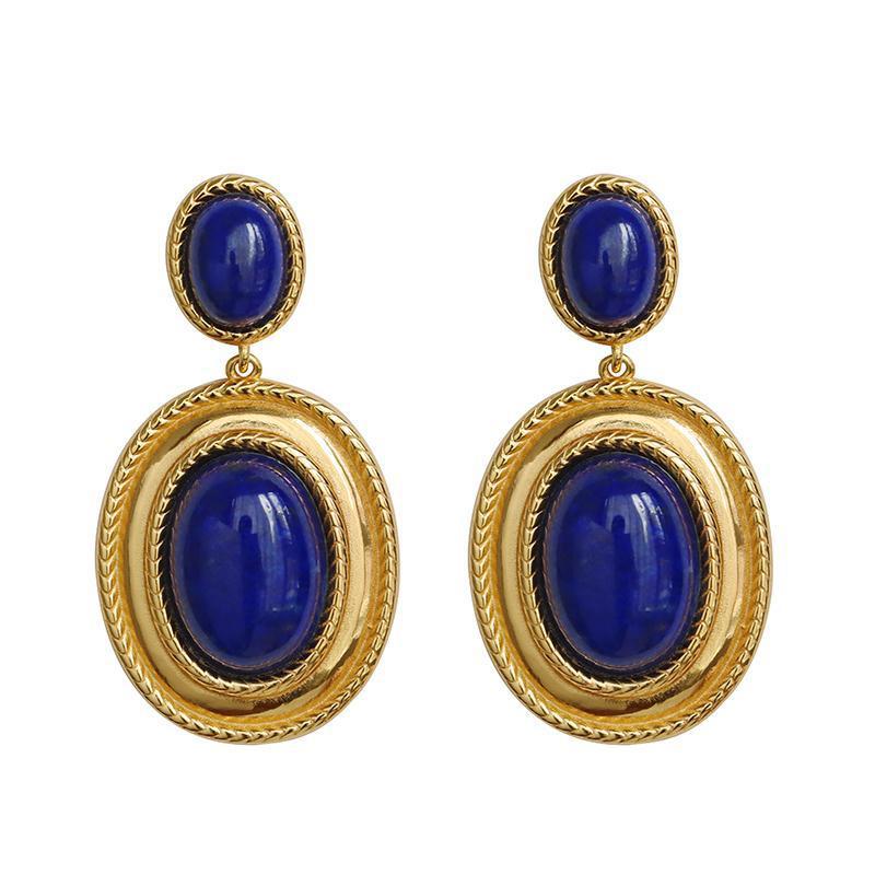 New Design Inlaid Lapis Lazuli Oval Hollow Earrings Exaggerated Punk Style Retro Ancient Gold Craftsmanship Women's Jewelry