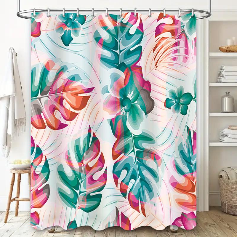 Summer Greenery Shower Curtain Fabric Print Home Decoration Waterproof Bathroom Rug Floral Leaf Pattern, Pink Blue White Orange