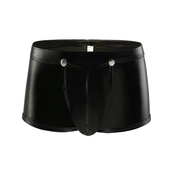 Men Sexy Boxers Smooth Faux Leather Button Closure U Convex Low Waist Elastic Soft Breathable Party Nightclub Underpants Male Underwear
