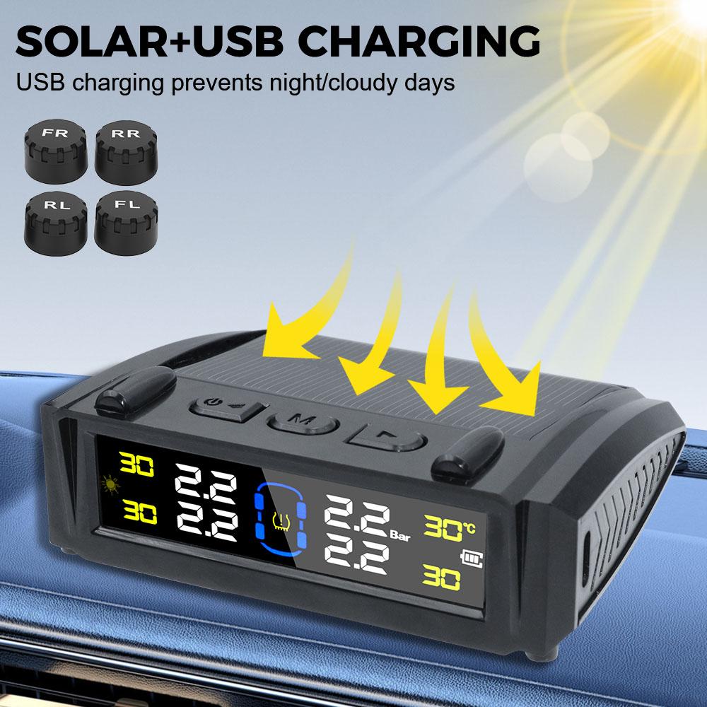 Bil TPMS 4 Externa Sensorer Digital LCD-skärm Däcktrycksövervakningssystem Temperaturvarning USB / Solenergi 0-6Bar