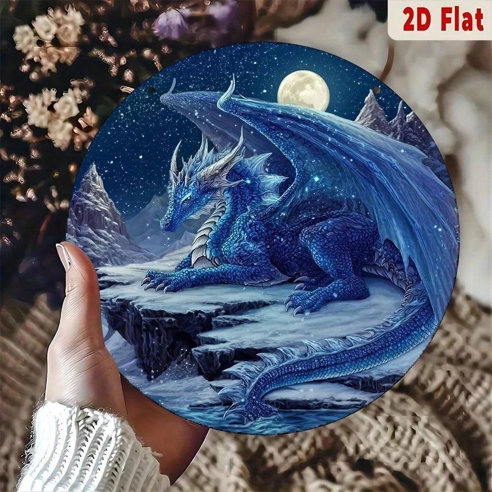 Vintage Wyvern Metal Sign Round Fantasy Night Landscape Aluminum Sci Fi Room Decor Basement Wall Art Unique Gift Home Decoration