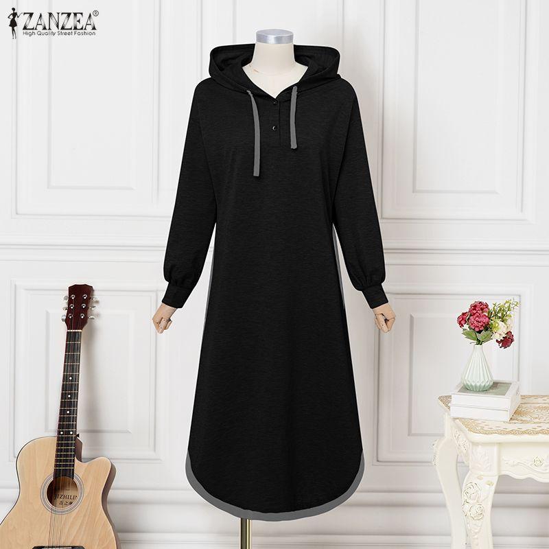ZANZEA Herbst Damen Langarm Freizeit Dünn Mit Kapuze Pullover Langes Kleid