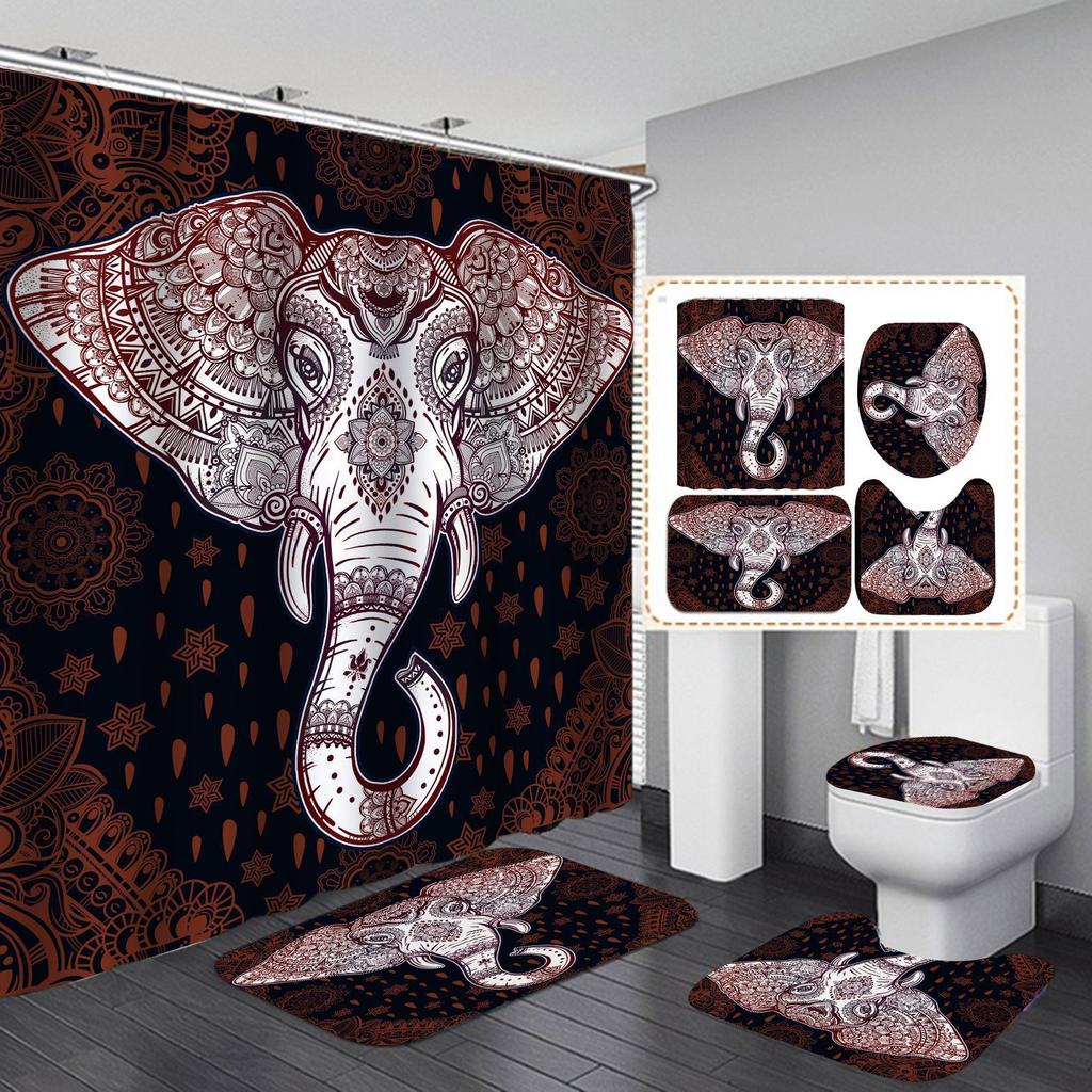 Polyester Elephant 3D Digital Printing Bathroom Personalized Partition Shower Curtain Four-Piece Set
