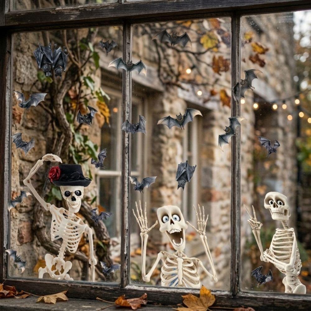 4Pcs Removable Halloween Skeleton Window Stickers Non-Adhesive PVC Bat Skeleton Static Stickers Spooky Waterproof