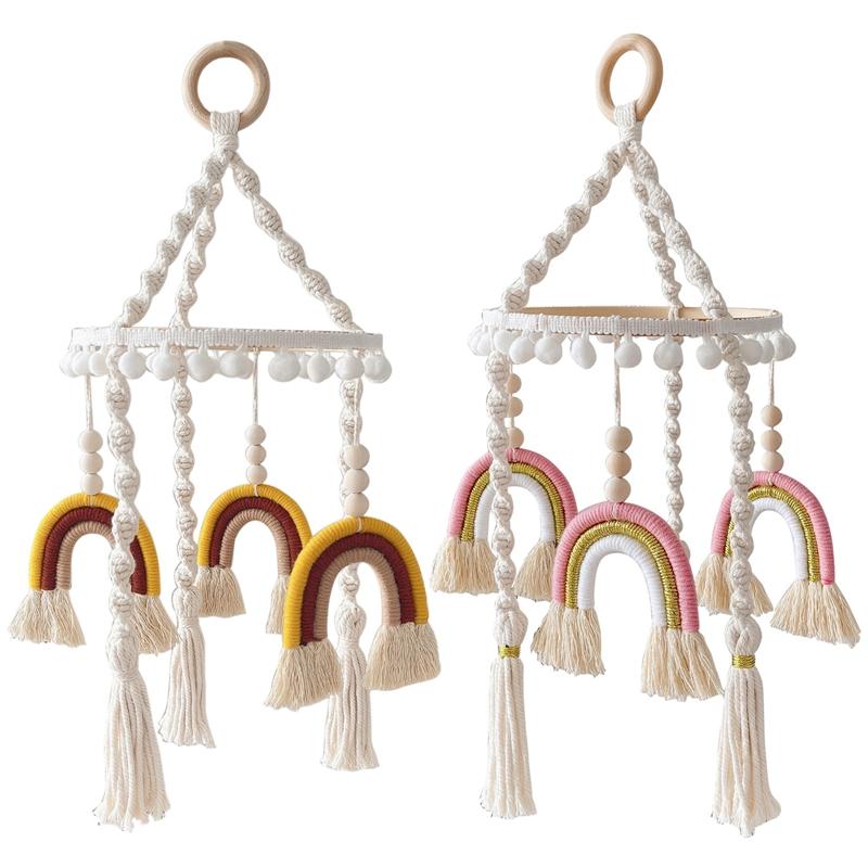 Holz Boho Baby Stubenwagen Hängespielzeug Anhänger Baumwolle Babybett Mobile Regenbogen Kinderbett Mobile für Babyzimmer Deckendekoration