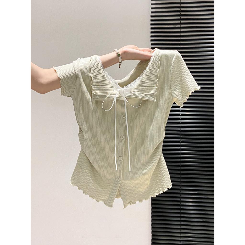 Pure lace lace-up short-sleeved t-shirt women's summer new fake two-piece slim-fitting and thin versatile top