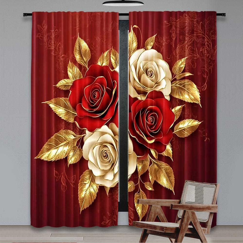 2Pcs Red And Golden Rose Floral Curtain Modern Arts Design Suitable For Bedroom Bathroom Living Room Dining Room Study Room