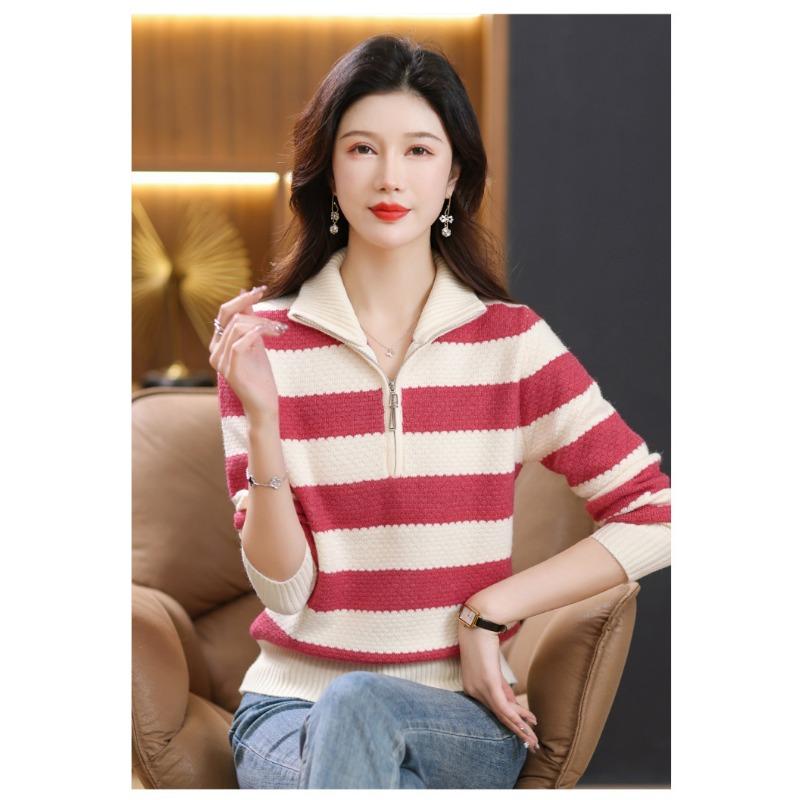 Women's Half-open Zipper-lapel Sweaters, Autumn-winter Striped Turtleneck Tops, Loose and Skinny Knits