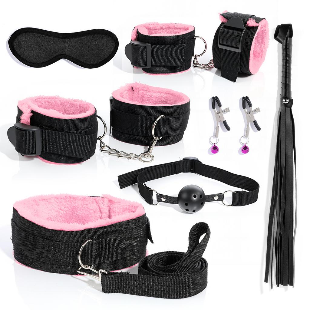 BDSM Bondage Bundle Set Leather Plush Blindfold Handcuffs Whip Nipple Clip Adult Sex Toys Women Erotic Restraint Game Kit