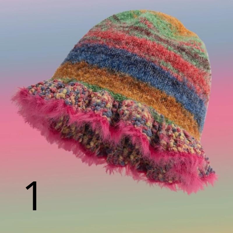 Women Ruffle Knitted Bucket Hat Fishing Cap Winter Warm Faux Fur Trim Retro 1