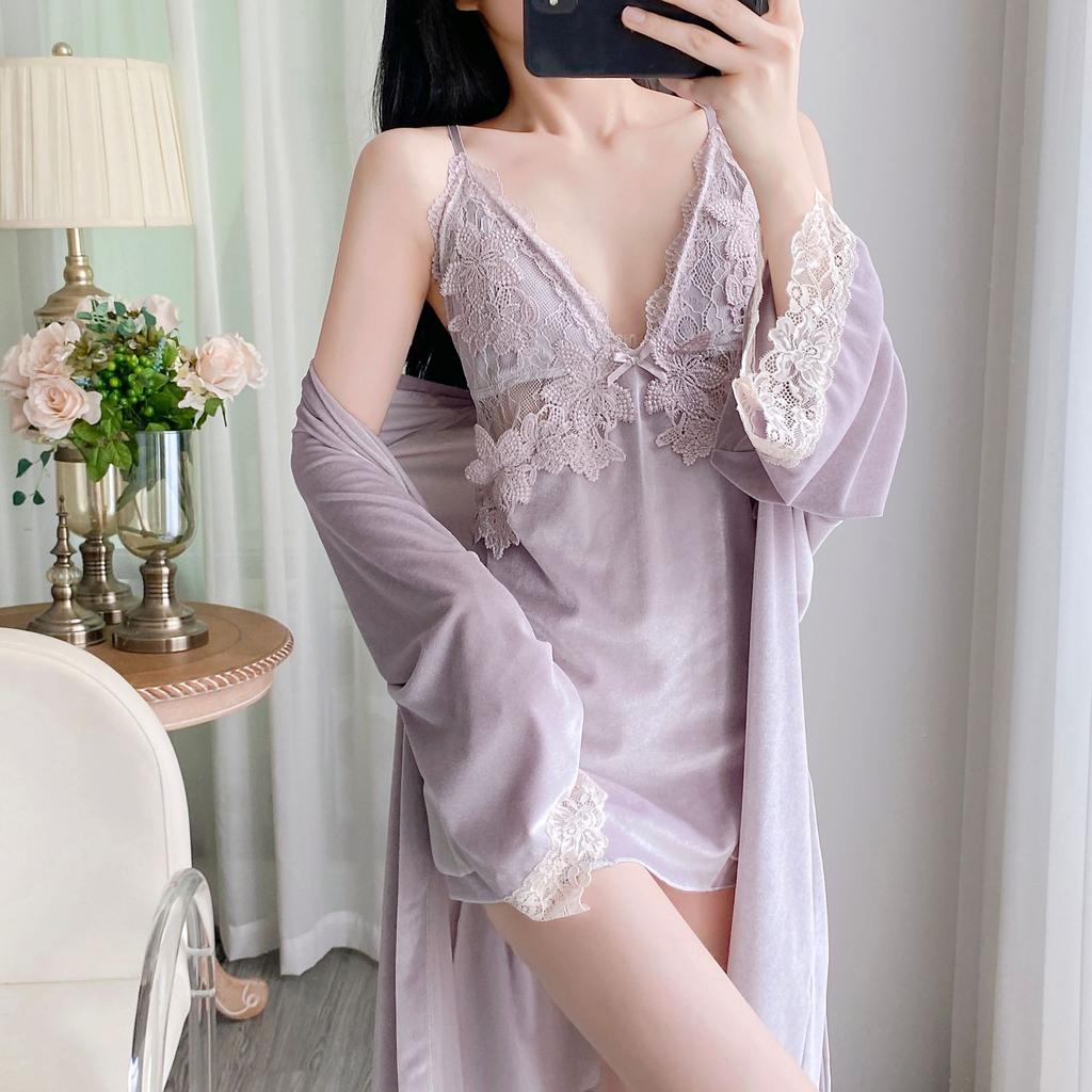Female Sexy Winter Golden Velvet Pajamas Spring and Autumn Warm Suspender Nightgown Nightgown Two-piece Set Loungewear with Chest Pad