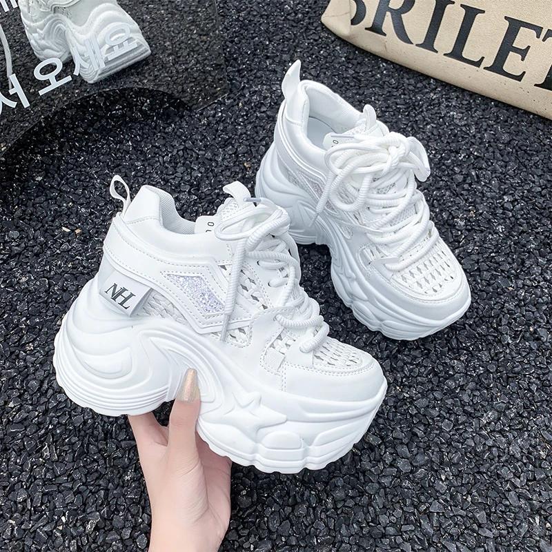 9CM New 2025 Chunky Leather Sneakers Summer Casual Vulcanized Shoes Woman High Platform Breathable Mesh Sneakers Sport Dad Shoes