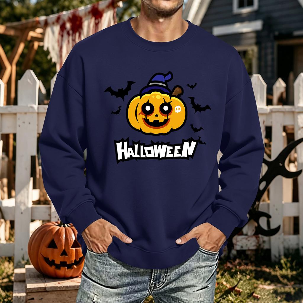 Men's Halloween Printed Long Sleeve T-Shirt Crewneck Casual Sports Top Unisex for Couples