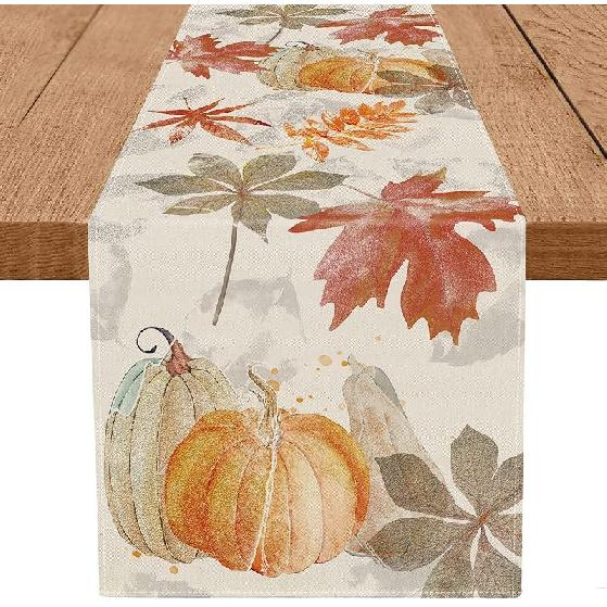 Fall Table Runner Pumpkin Maple Leaf Watercolor Vintage Table Runners Seasonal Autumn Thanksgiving Harvest Home Kitchen Dining Party Decorations