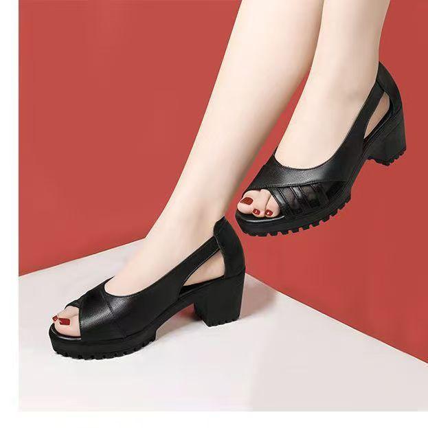 Fashion Women's Sandals 2024 Summer New Retro Fish Mouth Mesh Breathable Sandals Thick Bottom High Heels Soft Leather Sandals