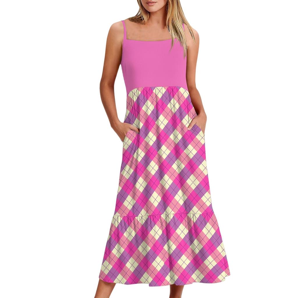Women's Long Beach Casual Elegant Spaghetti Strap Maxi Dress Plaid Print Low-key Flowing Bohemian Dress