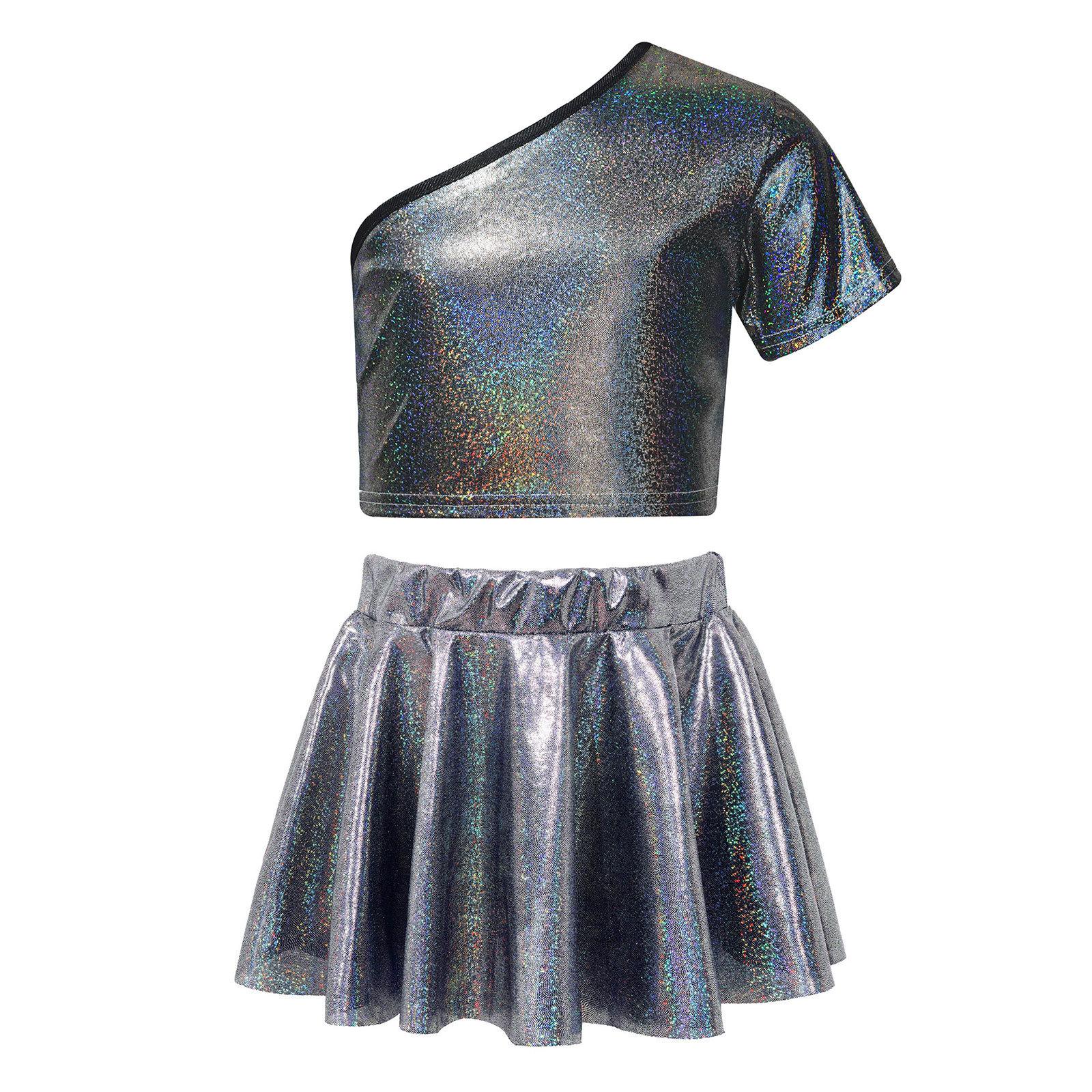 

Girls Jazz Dance Outfit Single Shoulder Short Sleeve Metallic Crop Top Skirt Cheerleading Performance Costume Set