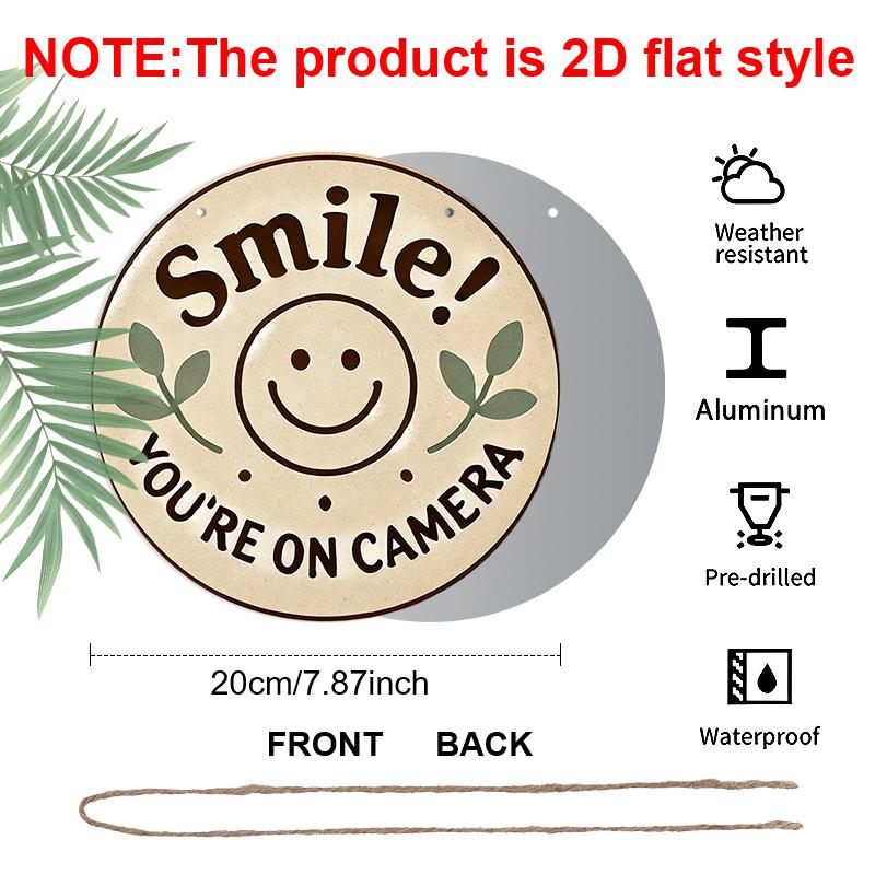 2D Flat, 1pc Round Aluminum Hanging Sign, "Smile You're On Camera" Cute Smiley Face & Leaf Design, Retro Warm Security Warning Metal Sign, Perfect