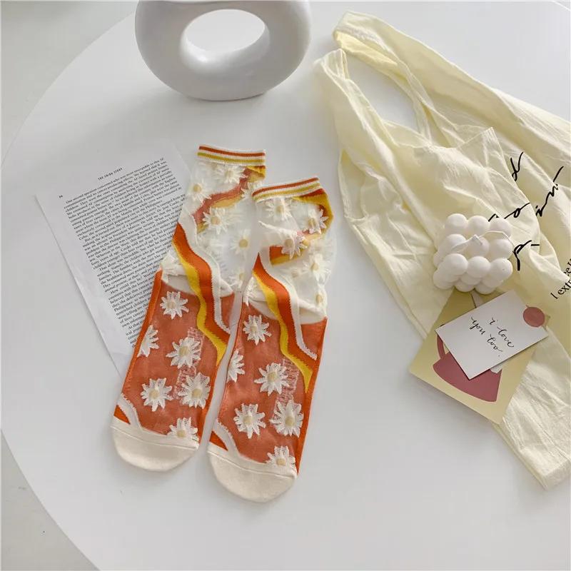 Chaussettes Sexy Coréennes en Dentelle Fleurie en Soie de Verre Marée Nouveauté Harajuku Rétro Chaussettes en Soie Cristal Ultra-fines Transparentes Longues