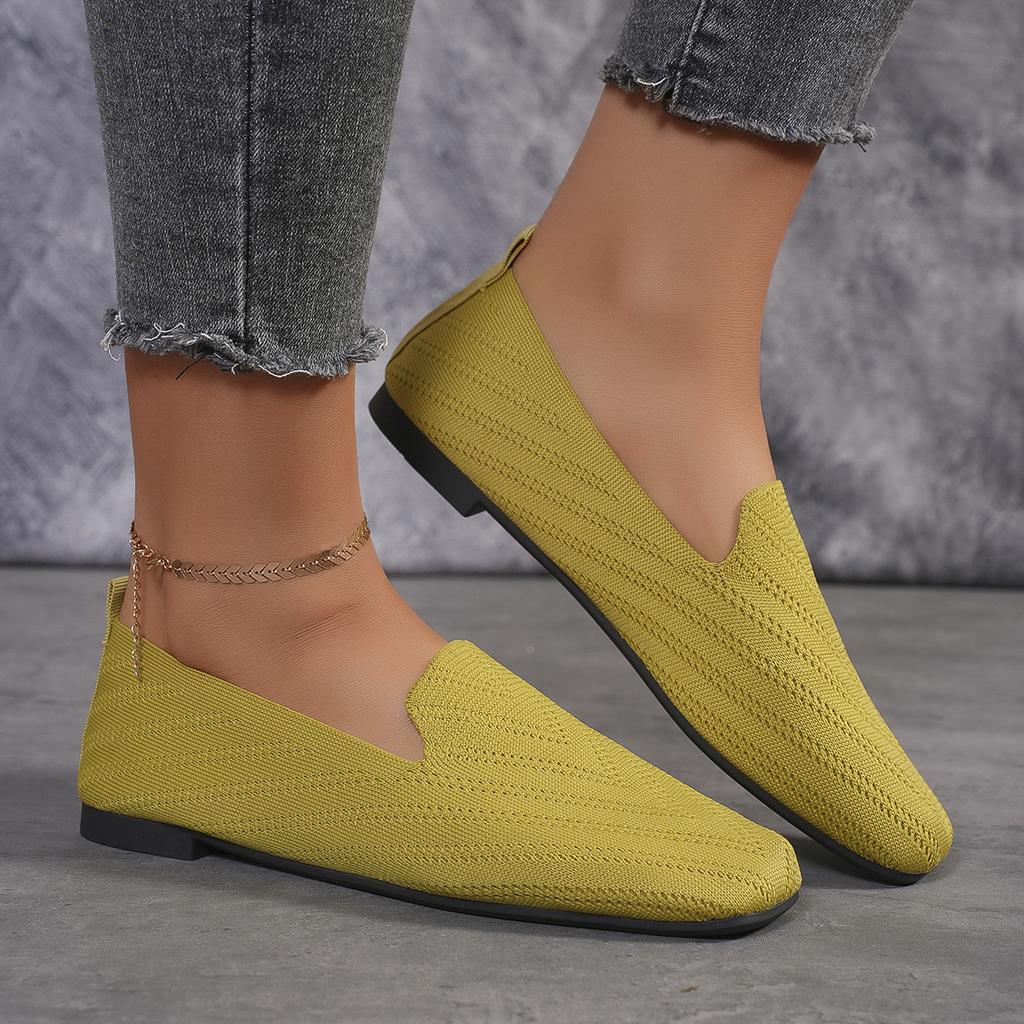Novos mocassins de malha com bico quadrado de cor sólida, sapatos baixos rasos para mulheres, sapatos baixos de malha com fundo macio, sapatos casuais sem cadarço, sapatos de barco