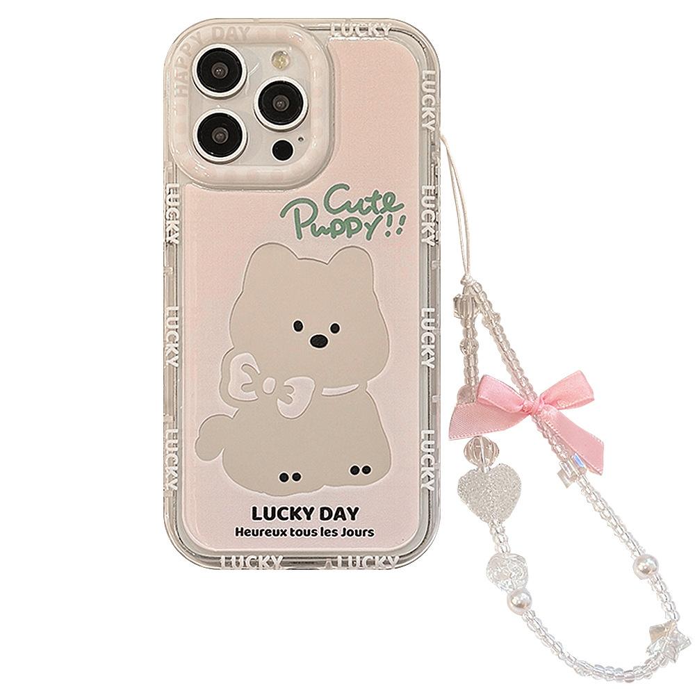 Pink Puppy Mirror for IPhone 16 Mobile Phone Case 14 ProMax Girl for IPhone 15 for 17 Bow Hanging Chain 11