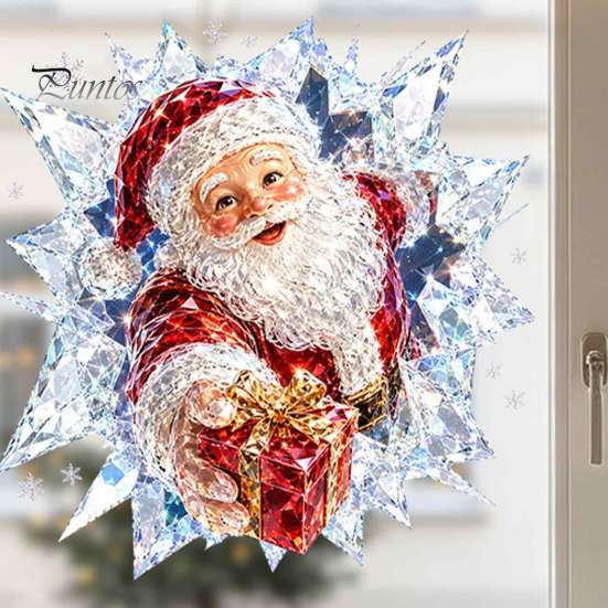 Self Adhesive Wall Stickers 3D Christmas Static Window Clings, Santa Snowman Reindeer Glass Stickers, Easy to Apply Graphics PVC Holiday Decals