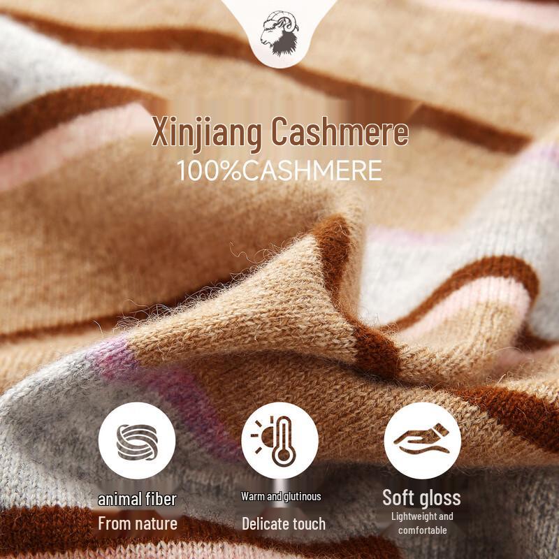Zhaojun Women's 100% Cashmere Striped Round Neck Cardigan Sweater