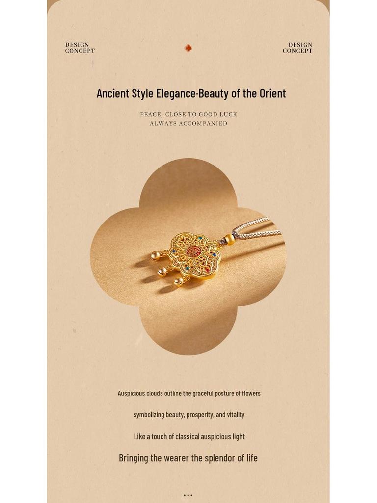 Sterling Silver Openwork Flower & Auspicious Cloud Pendant Necklace for Women - High-End New Chinese Style.