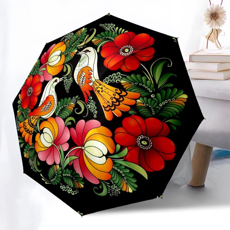 1pc Birds, Flowers, Folk Art Umbrella with Plastic Handle,Compact & Stylish,Suitable for All Seasons YS331009