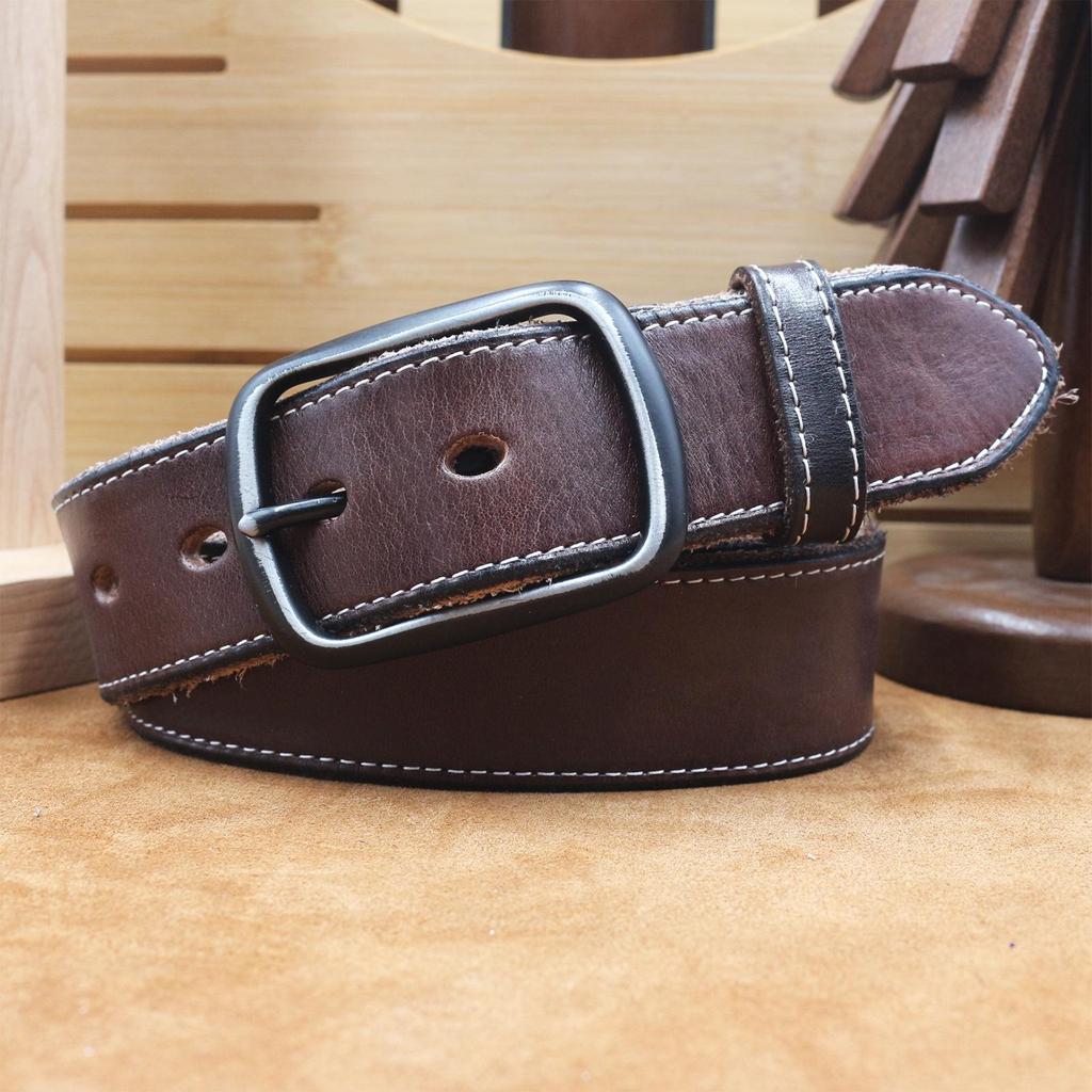 3.8CM Men's Retro Leather Belt, Distressed Stitch, Genuine Cowhide, Pin Buckle, Korean Style Casual Denim Waistband
