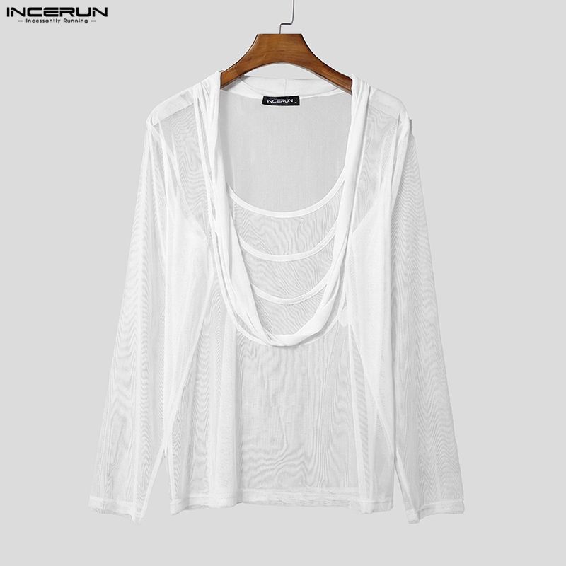 INCERUN Chemises Hauts Décontractés de Fête pour Hommes à Col Profond à Manches Longues en Maille Transparente