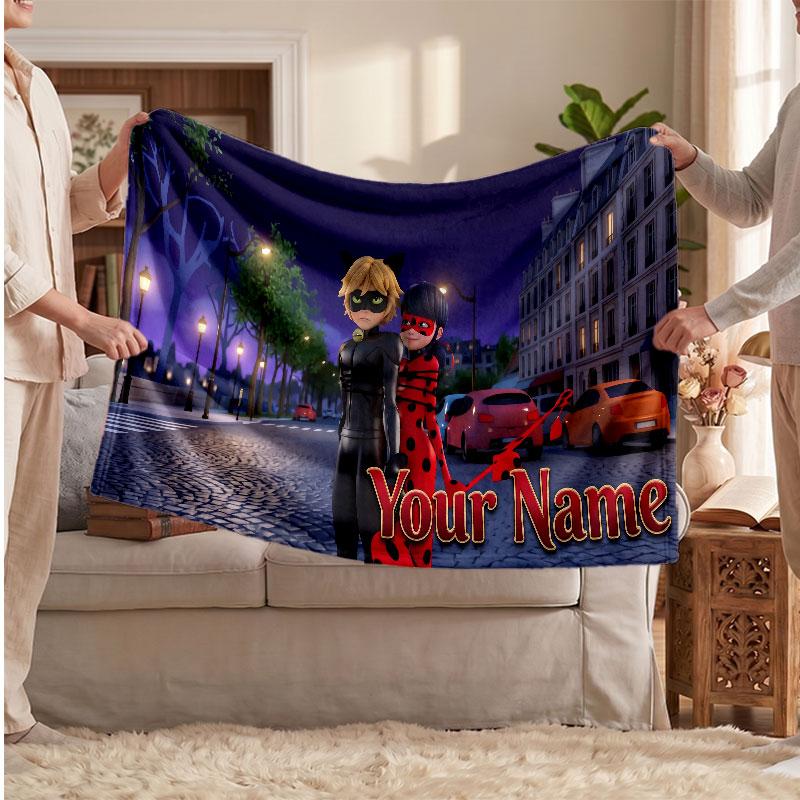 Miraculous Ladybug Personalized Flannel Blanket, Custom Printed Text Name, Warm Soft Blanket For Couch Bed