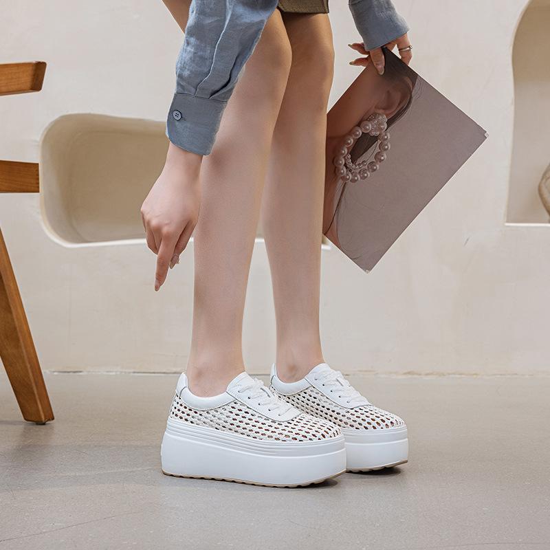Summer woven hollow breathable muffin shoes women's 2025 summer new solid color lace-up board shoes thick sole 8 cm