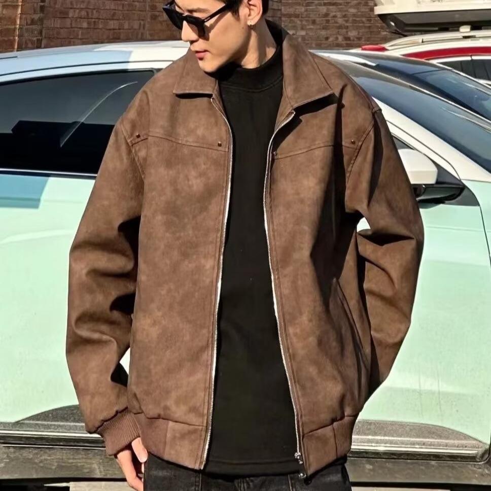 Men's Retro PU Leather Rivet Baseball Jacket - Meilade Spring & Autumn Style Couple Outerwear.